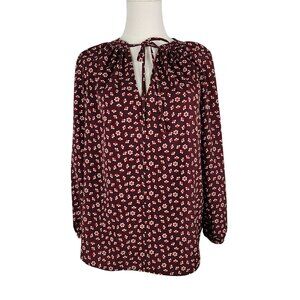 Boden Polly Peasant Blouse Size 8 Burgundy Floral Boho Tie